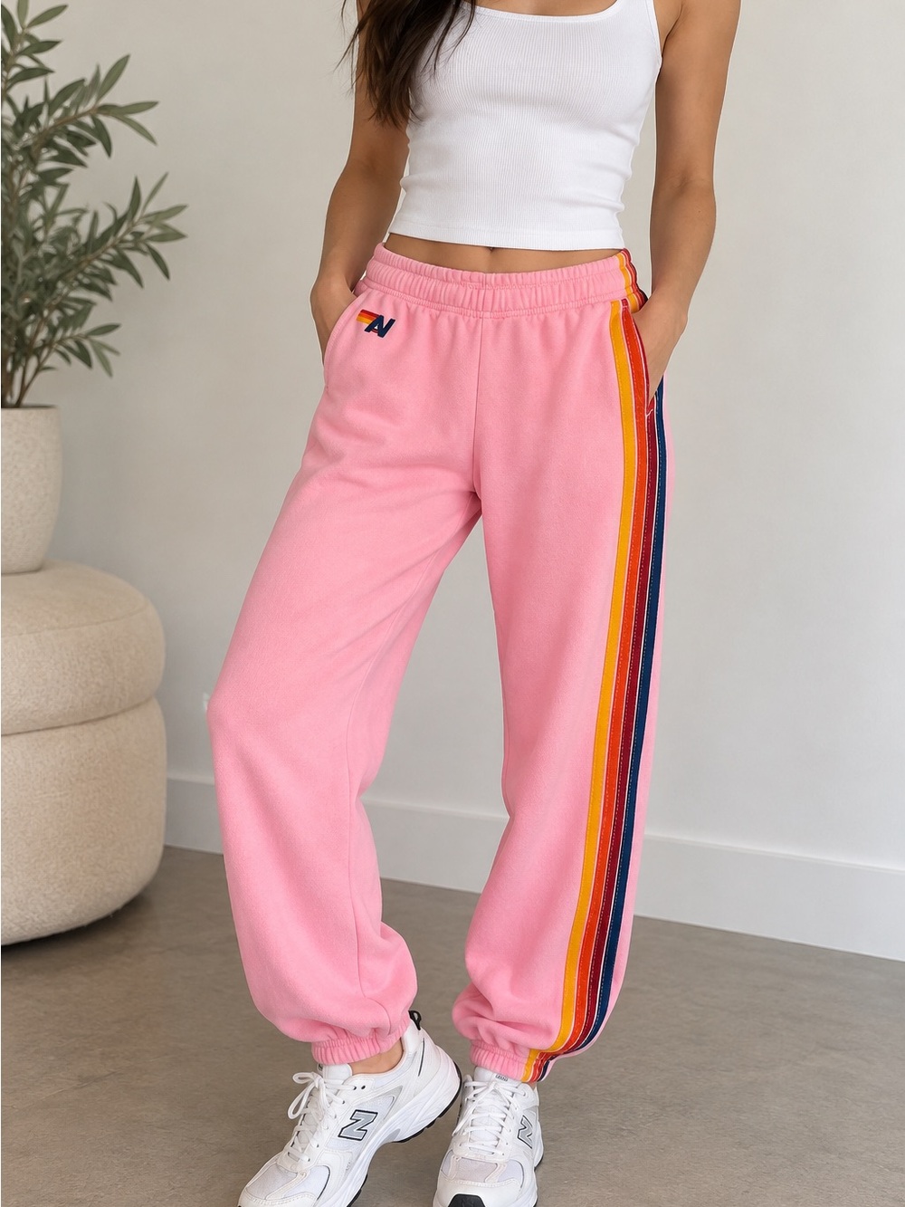 Aviator Nation 5 Stripe Light Pink Rainbow Sweatpants L